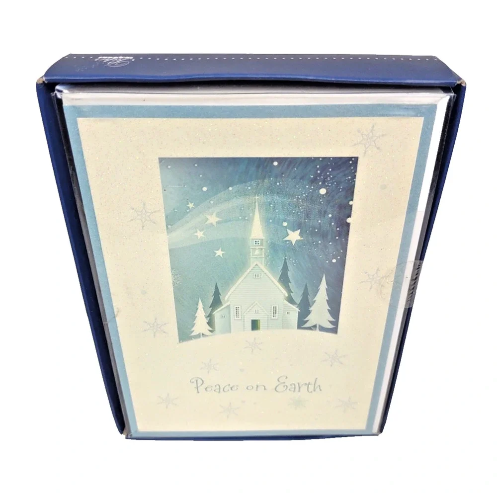 16 Holiday Greeting Cards & Envelopes Peace On Earth Blue Christmas Paper Images